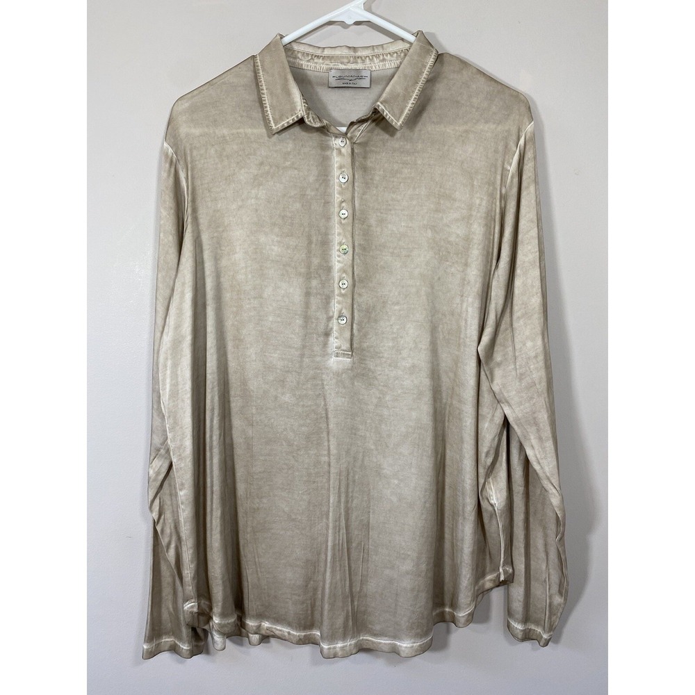 Ploumanac'h Italy Womens XL Beige Garment Dyed Long‎ Sleeve Blouse 1/2 Button